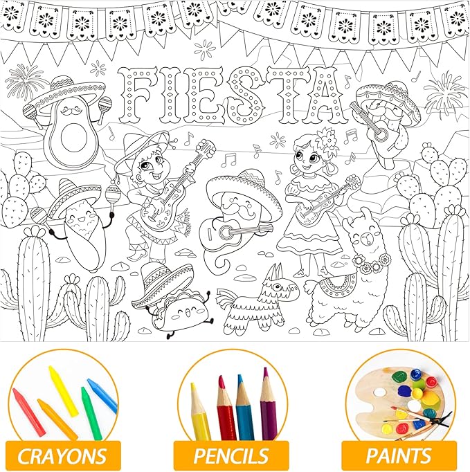 ZOIIWA Mexican Fiesta Coloring Poster Giant Coloring Poster Large De Mayo Coloring Tablecloth Jumbo Coloring Books for Home Birthday Party Supplies Favor 31.4 x 43.3 Inch