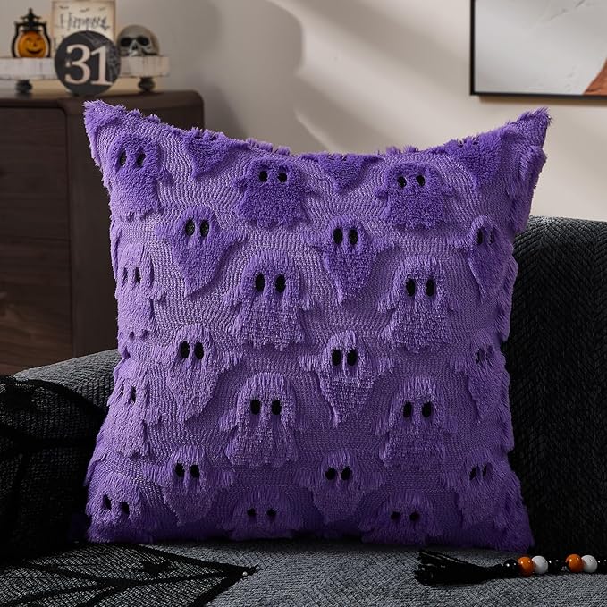 DFXSZ Halloween Pillow Covers 18x18 inch Set of 2 Purple Ghost Throw Pillow Cases Soft Plush Faux Fur Wool Couch Cushion Case for Chair Sofa Bedroom Living Room Home Decor PTK03E18