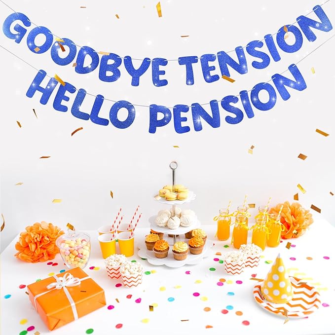 Retirement Banner Pre-Strung GOODBYE TENSION HELLO PENSION Banner Glitter Retirement Party Supplies Decorations for Women Men Office Home Decor (Blue)