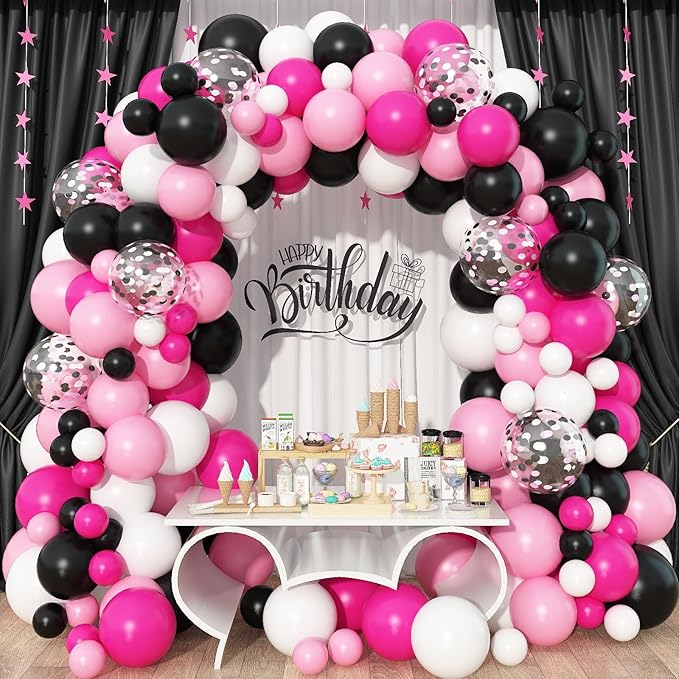 Pink and Black Balloon Garland Kit, 114 Pcs Hot Pink Pastel Pink Black White Confetti Latex Balloons Balloon Arch for Girls Women Cartoon Birthday Wedding Baby Bridal Shower Party Decorations