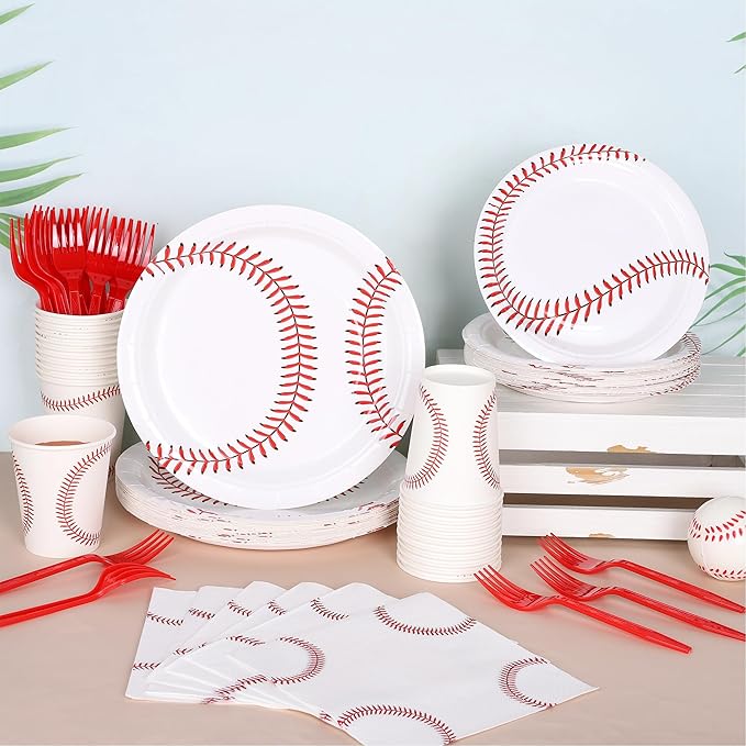 Kochorie 144 Pieces Baseball Party Supplies, Sports Tableware Sets Including Disposable Paper Plates Napkins Cups Forks Serves 24 for Birthday Sports Baseball Party Decorations