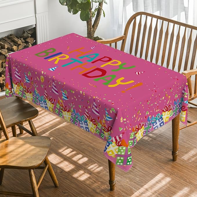 Horaldaily Birthday Tablecloth 60x104 Inch Rectangular, Happy Birthday Ballon Pink Washable Seasonal Table Cover for Party Picnic Dinner Decor