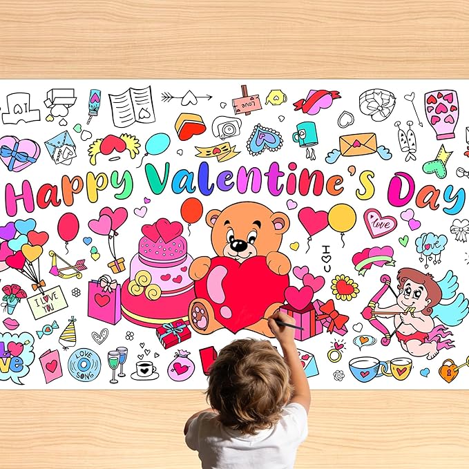 Valentines Coloring Tablecloth/Poster, Valentines Day Gifts for Kids Classroom, Valentines Day Decorations, 72"X30" Giant Paper Coloring Banner Tablecloth for Kids Crafts Activities Party Decorations