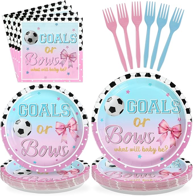 96Pcs Goals or Bows Gender Reveal Party Decoration Soccer Bows Plates and Napkins Blue Pink Watercolor Disposable Tableware Set for He or She Sports Gender Reveal Party Supplies Serves 24