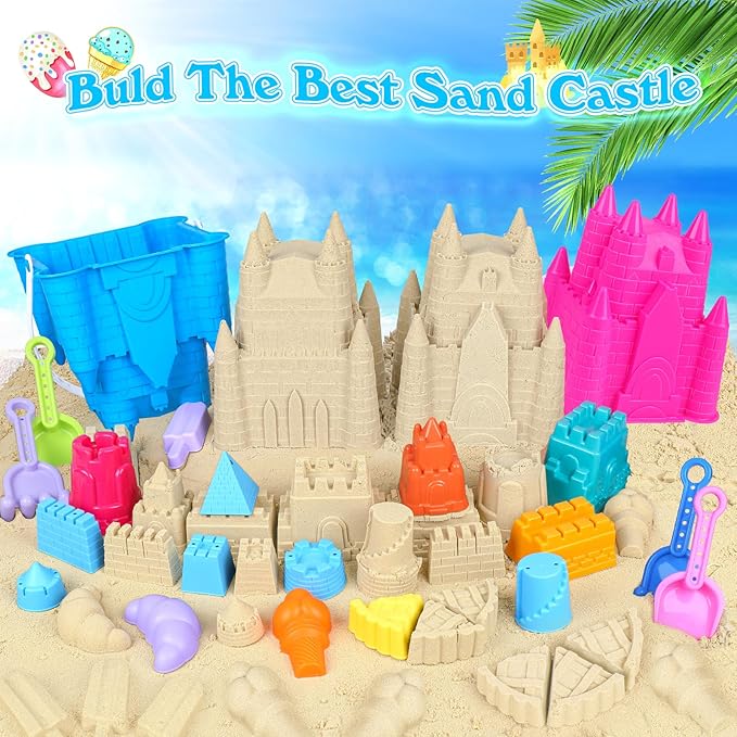 FUSPWEAO Beach Toys Sand Toys for Kids, Sand Castle Toys for Beach with 2 Castle Bucket and Mesh Bag, Sand Molds, Shovels and Rakes, Sandbox Toys for Toddlers, Travel Beach Toys for Kids 3-10