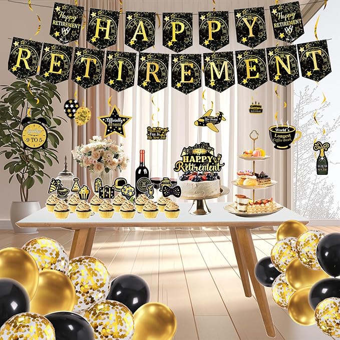 52PCS Happy Retirement Party Decorations for Men Women, Black and Gold Retirement Decorations,Happy Banners,Balloons,Cake&Cupcake Toppers Hanging Swirls,Office Yard Sign Farewell Party Supplies