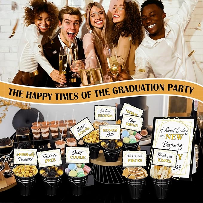 12 Set 2026 Graduation Candy Buffet Party Decoration Graduation Table Candy Bar Snack Labels Signs and 5'' Buckets with Handle for Class of 2026 Party Parties Supplies(Striped Style,Black)