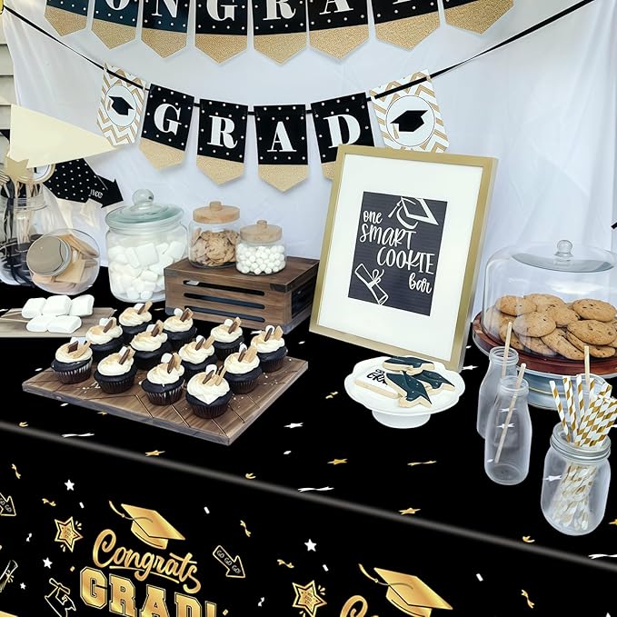 2-Piece 54 x 108 Inch Graduation Plastic Tablecloth – Graduation Disposable Rectangle Table Covers with “Congrats Grad” Design for Class of 2026 Party, School and Home Decorations