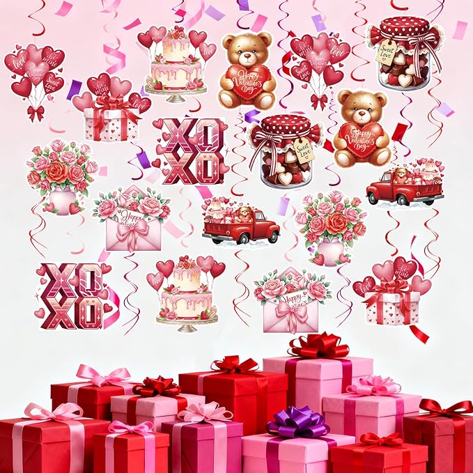 Valentines Day Decorations Set - Heartwarming Valentine's Day Banner & Hanging Swirls for Home, Office, Classroom Indoor, Anniversary & Valentine's Day Party Supplies