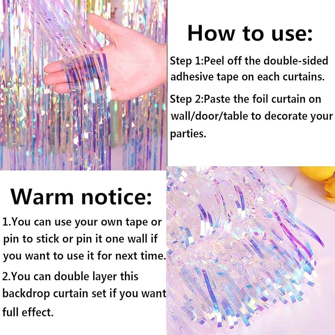 FECEDY 2pcs 3ft x 8.3ft Shiny Corlorful Metallic Tinsel Foil Fringe Curtains Photo Booth Props for Engagement Bridal Shower Bachelorette Baby Shower Bachelorette Holiday Celebration Party Decorations
