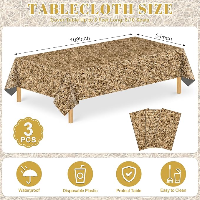 3 Pack Straw Plastic Tablecloth, 54 x 108 Inch Disposable Farm Hay Tablecloths Waterproof Rectangle Western Birthday Theme Table Cover for Cowboy Western Barn Birthday Baby Shower Party Supplies