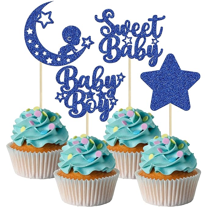 Gyufise 24Pcs Baby Shower Boy Cupcake Toppers Glitter Star Moon Sweet Baby Boy Cupcake Picks Baby Shower Boys Birthday Party Cake Decorations Supplies Deep Blue
