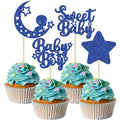 Gyufise 24Pcs Baby Shower Boy Cupcake Toppers Glitter Star Moon Sweet Baby Boy Cupcake Picks Baby Shower Boys Birthday Party Cake Decorations Supplies Deep Blue