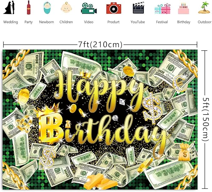 7x5ft Money Birthday Backdrop Money Party Background Dollar Bill Backdrop Hip Hop Background Boy Girl Men Cash Bash Birthday Party Props Photo Booth Decor