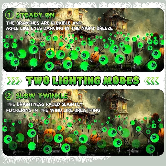 6 Pack Solar Eyeball Lights for Halloween Decorations Outdoor, 36 LED Green Eyeball Solar Halloween Lights, Waterproof Swaying Firefly Lights with 2 Modes for Pathway Patio Yard Lawn Garden Decor