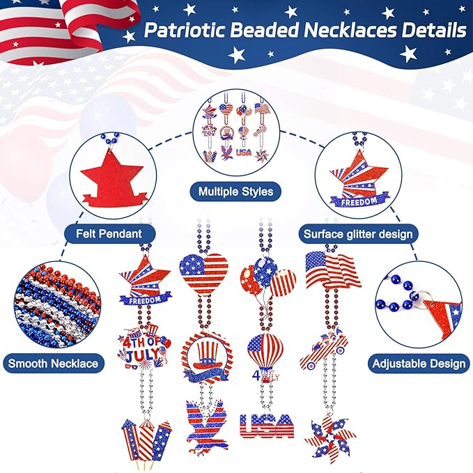 NOVWANG 24 Pcs Patriotic Beaded Necklaces Veterans Day Necklace Bulk with Felt Pendant in 12 Classic Styles for 4th of July Independence Day Memorial Day Veterans Day Party Supplies