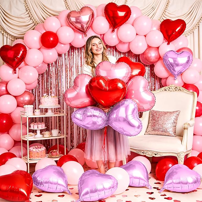 12 Pcs Purple and Red Heart Foil Balloons for Valentines Day Decorations, 18 Inch Romantic Love Valentine Heart Balloons for Galentines Day Decorations Wedding Marriage Birthday Bridal Shower Party