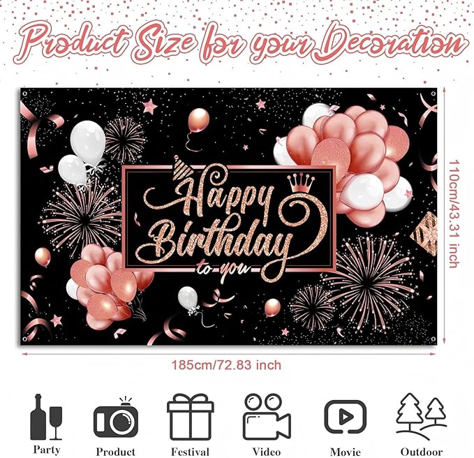 Blulu Happy Birthday Backdrop Banner Sign Poster Large Fabric Glitter Balloon Fireworks Sign Photo Backdrop Background for Birthday Party Decoration Supplies, 72.8 x 43.3in (Pink and Black)