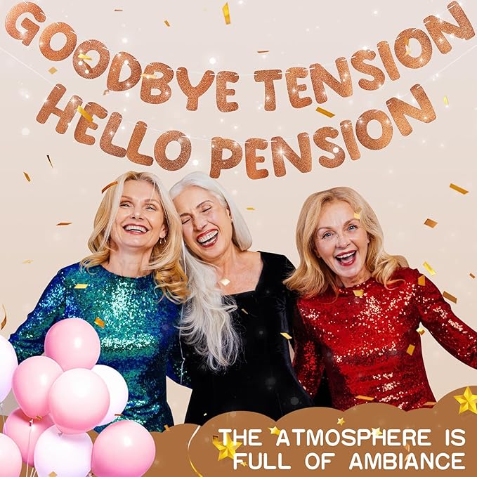 Retirement Banner Pre-Strung GOODBYE TENSION HELLO PENSION Banner Glitter Retirement Party Supplies Decorations for Women Men Office Home Decor (Brown)