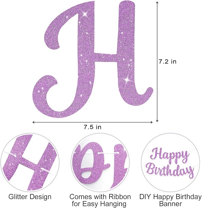 Glitter Happy Birthday Banner Sign Birthday Garland Wall Door Banners Flag for Women Men Boys Girls Party Backdrop Decorations Light Purple