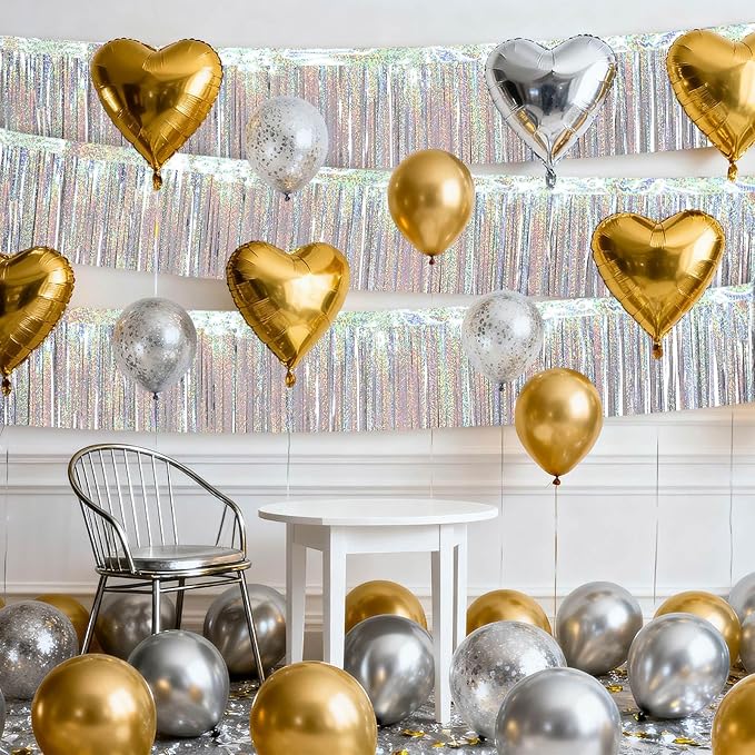 4 Packs Foil Fringe Garland Tinsel Streamers Shiny Wall Hanging Birthday Banner Backdrop for Graduation Wedding Anniversary Celebration Happy Birthday Party Decorations Glitter Silver