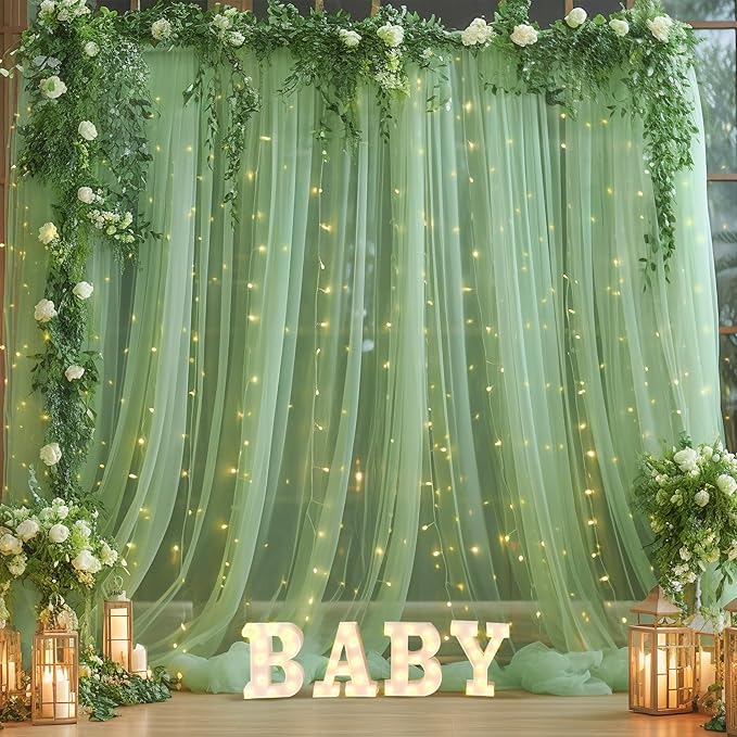 20x10ft Olive Green Tulle Backdrop Curtain with Lights String for Parites, Sheer Backdrop Curtains for Wedding Baby Shower Birthday Party Photo Shoot Decorations