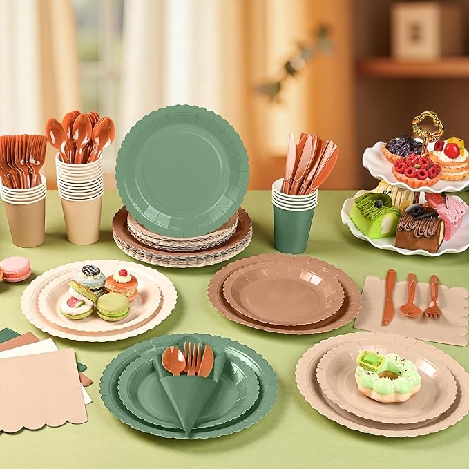 168 Pcs Woodland Baby Shower Tableware set Sage Green and Brown Party Supplies Include Forest Scalloped Plates Paper Napkin Cup Knife Fork Spoon for Safari Jungle Neutral Birthday,Wedding