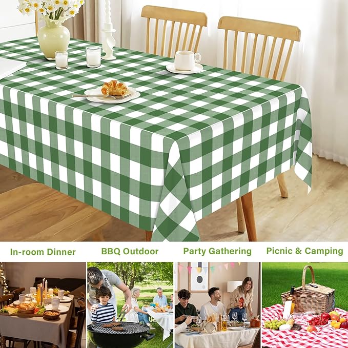 Mulbozy Sage Green Gingham Tablecloth 4 Pack, 54 x 108 Inch Plastic Table Cloth Disposable, Sage Green and White Checkered Table Cover for Party Supplies