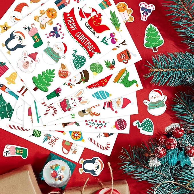 16 Sheets Christmas Theme Stickers, Merry Christmas Stickers Non-Repeating, Xmas Winter Holiday Party Stickers, Christmas Goodie Bag Fillers Christmas Party Favors Decorations