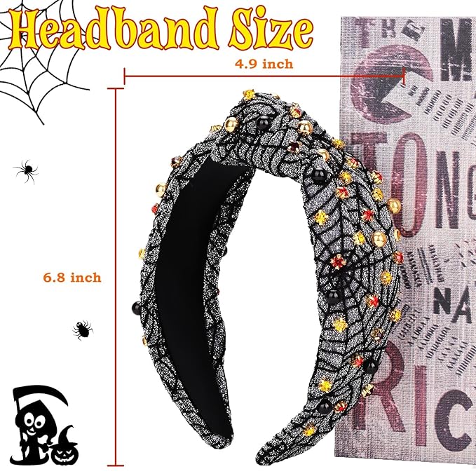 Halloween Headbands for Women, Spider Web Black Pearl Rhinestone Wide Jeweled Knotted Headband, Crystal Beaded Jeweled Top Knot Embellished Headband Hair Accessories Halloween Birthday Gift