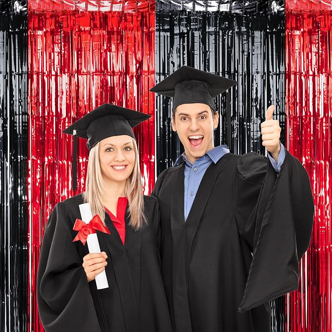 6 Pack 3.3Ft x 6.6Ft Graduation Foil Fringe Curtain Backdrop Decorations, Red Black Metallic Tinsel Foil Streamers Curtain Photo Booth Background for Graduation Prom Wedding Birthday Party Decorations