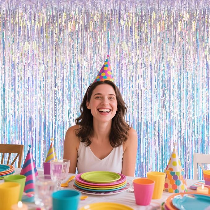 Iridescent Party Decorations Fringe Backdrop, Sparkling Holographic Foil Fringe Tinsel Curtains for Frozen Mermaid Birthday Party Decor - 3.28x6.56ft 2 Packs