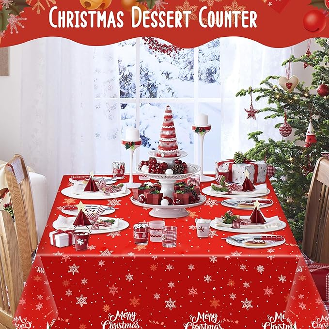 Christmas Tablecloths – 3 Pack 54 x 108 Inch Rectangle Table Covers – Red and Green Plastic Tablecloth with Santa Claus, Christmas Tree & Snowflake Prints – Christmas Holiday Party Decorations