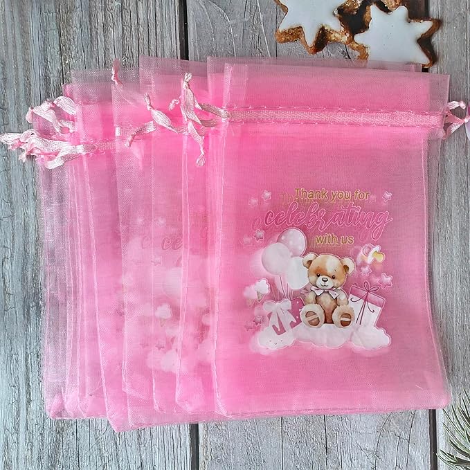 LXKBD 50PCS Organza Bags for Baby Shower Party Favor,4x6 Inch Small Pink Sheer Drawstring Mesh Pouch Treat Bags for Girl Birthday Gift Bag