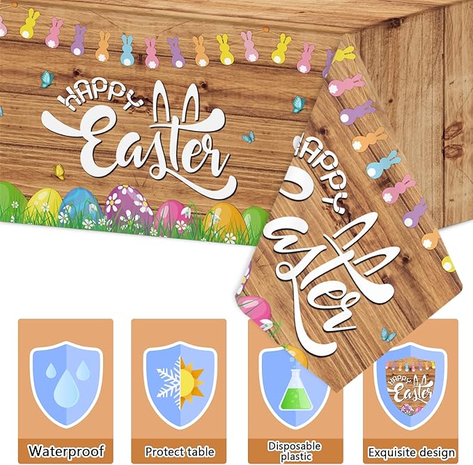 OBUSATT 3PCS Easter Tablecloth Plastic Easter Rustic Wooden Wall Theme Disposable Table Cover Bunny Rabbit Colorful Eggs Rectangular Tablecloth for Spring Party