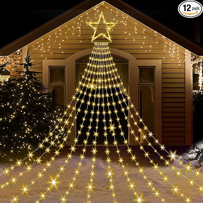 Onory Christmas Outdoor Star String Lights 23FT 860 LED Waterproof Waterfall Tree Lights with Star Topper, 8 Modes Christmas Decorations Outdoor Tree Lights for Patio, Yard, Party Holiday Dec