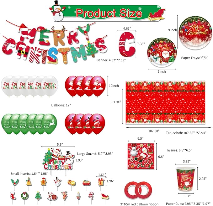 Christmas Dinnerware Set Santa Claus Party Supplies Includes Plates Napkins Cups Knives Spoons Forks Tablecloth Balloons Banner Cupcake Toppers for Merry Christmas Party 156 Pieces