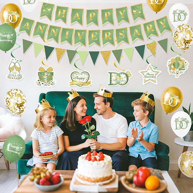 Green Happy Anniversary Decorations, Sage Green Happy Anniversary Banner Balloons First Year Anniversary Hanging Decor Wedding Party Backdrop for Marriage Celebrations Surprise Events Party Supplies