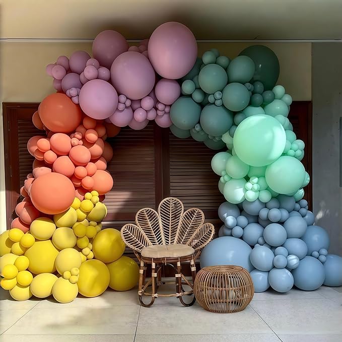 126PCS Muted Boho Rainbow Balloon Arch Garland Kit, Retro Dusty Pink Orange Mustard Yellow Sage Green Slate Blue Balloon for Groovy One Birthday Boho Baby Shower Back to School Daisy Party Decorations