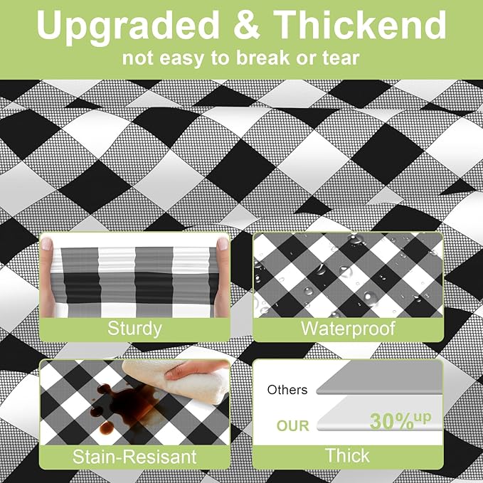 QIKSION Black Gingham Tablecloth Disposable 6 Pack, 54 x 108 Inch Black and White Checkered Table Cloth for Picnic, Outdoor BBQ Decorations, Birthday Party Supplies, Rectangle, Plastic Table Cover