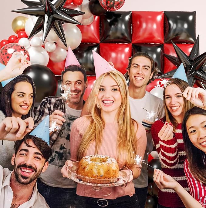 Black and Red Checkered Square Foil Balloons Backdrop Wall, Double Sided Tunnel with Black Red White Balloon Arch Garland Kit for Racing Car Birthday New Year Party Decor