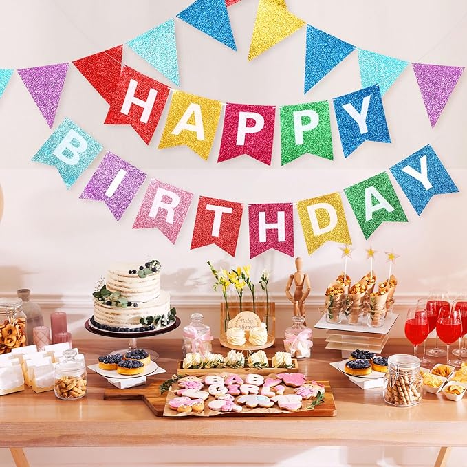 Irenare 4 Pieces Happy Birthday Banner Colorful Birthday Party Decor Rainbow Felt Garland Banner Rainbow Party Decorations Supplies (Shimmering Pink)