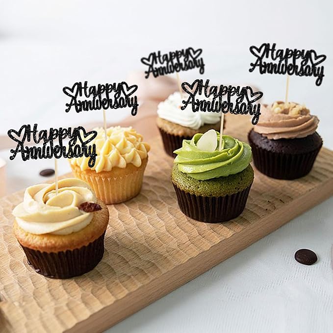 Gyufise 24 Pack Happy Anniversary Cupcake Toppers Black Glitter Anniversary Party Supplies Cake Decorations Wedding Celebration Party Decoration Supplies