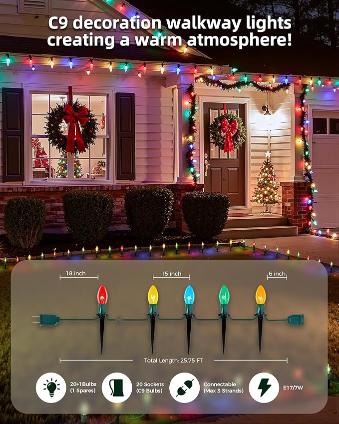 Christmas Pathway Lights Outdoor, 102.8 Ft Driveway Christmas Lights with 80 Multicolor Bulbs and Stakes, Connectable Outdoor Decorations Yard Walkway Sidewalk Holiday, Multicolor