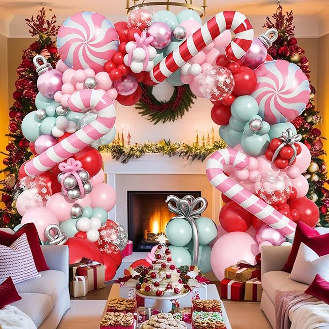 Pastel Pink Christmas Balloon Garland Arch Kit, Red Pink Green Snowflake Balloons Candy Cane Peppermint Foil Balloons for Christmas Birthday Baby Shower Decorations Xmas Candyland Nutcracker Party