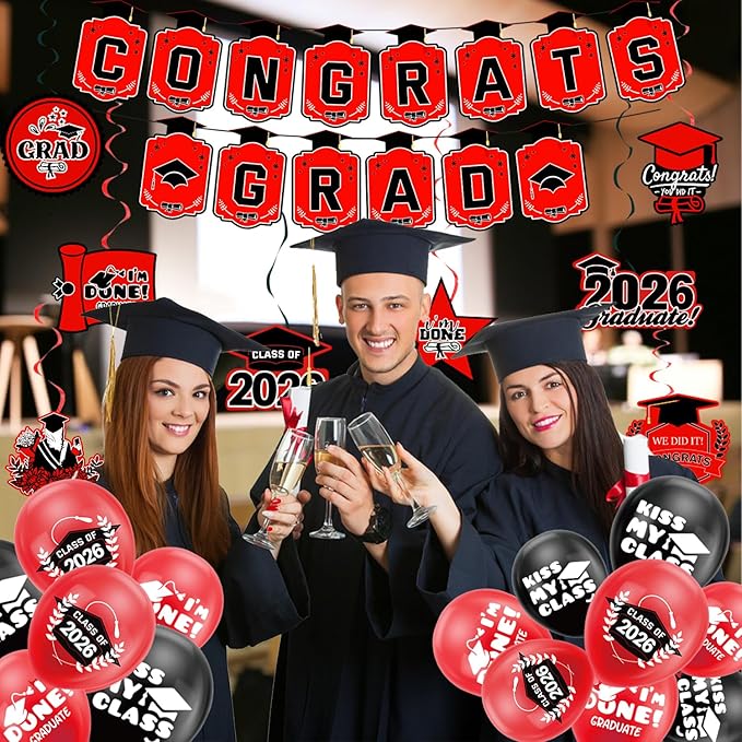 Graduation Decorations 2026 Red Themed Set - Congrats Grad Banner, Class of 2026 Backdrop, Balloons & Streamers Kit - Complete Party Supplies for High School & College Celebrations
