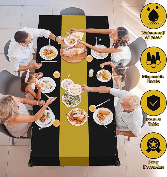 OHOME Graduation Decorations 2026-4 Pack Disposable Plastic Table Cloths,Black and Gold Table Covers for 50th Birthday Retirement Graduation Decorations Backdrop | New Years Party Supplies Favors