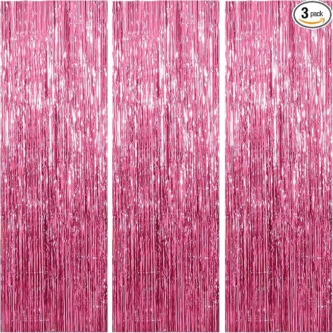 3 Pack Pink Backdrop Birthday Party Decorations Tinsel Foil Fringe Curtains Backdrop Streamer Bachelorette Christmas Graduation Wedding Princess Pink Theme Party Decorations