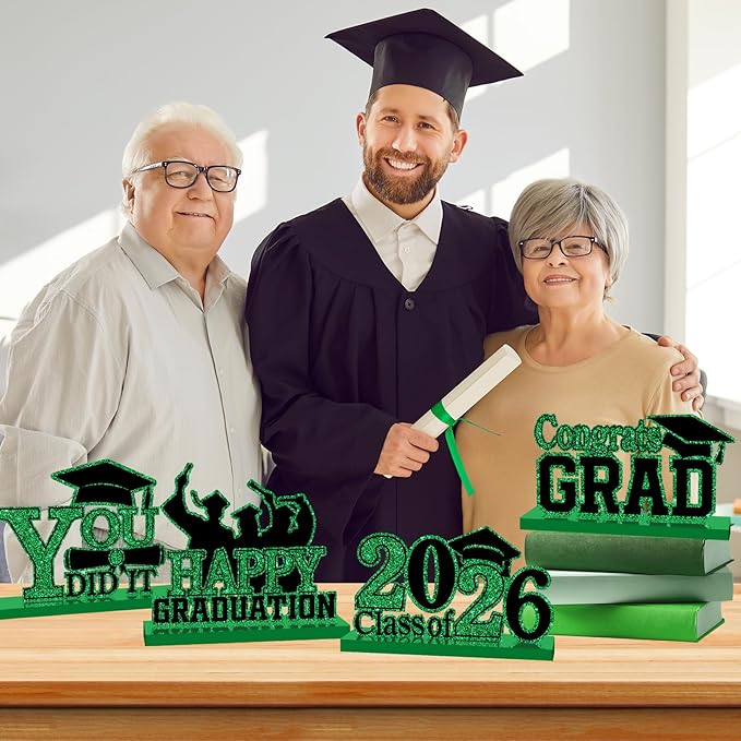 4Pcs Graduation Decorations Class of 2025 Wood Table Centerpieces Congrats Grad Wooden Sign Graduation Table Toppers Congratulate Tiered Tray Decor for 2025 Graduation Party(Green-Black)
