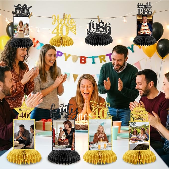 8Pcs 40th Birthday Decoration for Men Women Happy 40th Birthday Table Decorations Cheers to 40th Honeycomb Centerpieces Birthday Party Decorations Black and Gold 40th Birthday Party Favors
